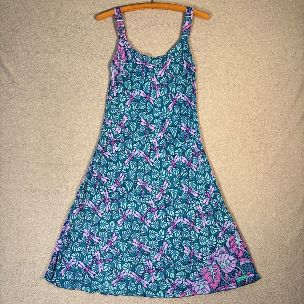 Rainbow Jo Dragonfly Print‎ A Line Dress Size S Teal Pink Handmade Rayon Resort